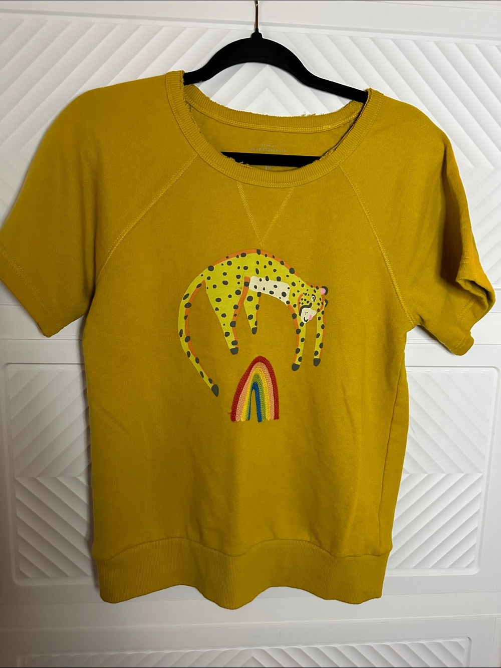 Anthropologie Short-Sleeve Tee in Mustard Yellow with Leopard & Rainbow Graphic
